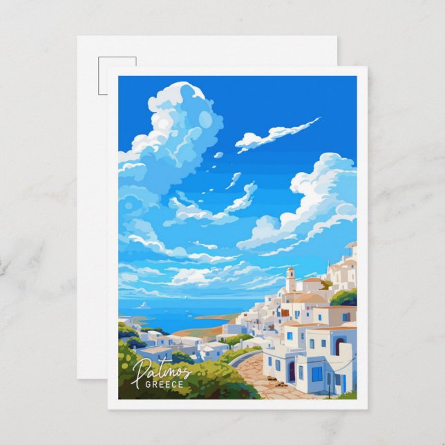 Carte Postale Illustration Patmos Greece Art Travel Vintage (Devant / Derrière)