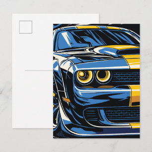 Carte Postale Illustration Pop Art d'une voiture musclée rétro b