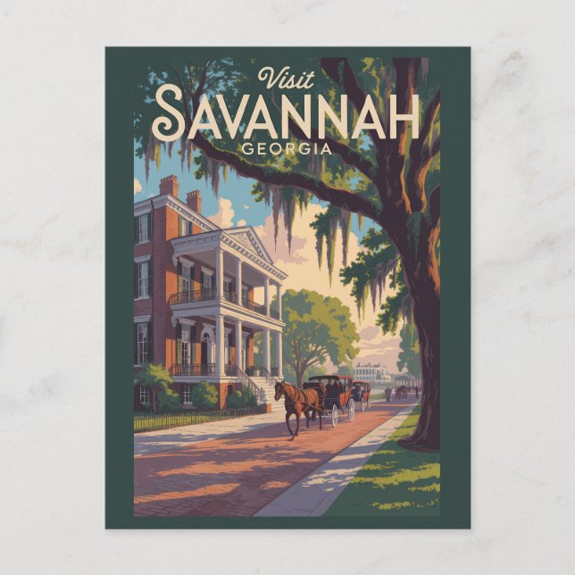 Carte Postale Illustration Rétro de Calèche à Cheval de Savannah (Devant)