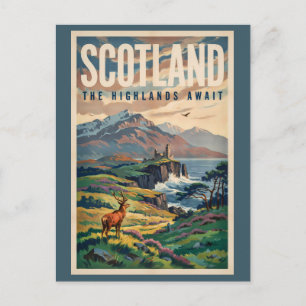 Carte Postale Illustration Rétro de Cerf des Highlands Écossais