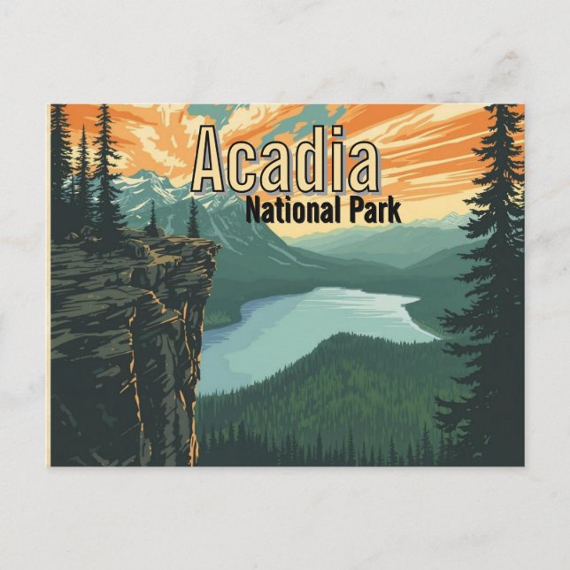 Carte Postale Illustration rétro du parc national d'Acadia (Devant)