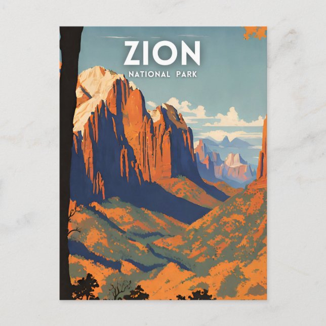 Carte Postale Illustration rétro du parc national de Zion (Devant)