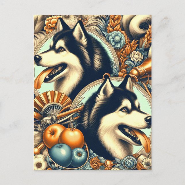 Carte Postale Illustration Retro Siberian Husky (Devant)