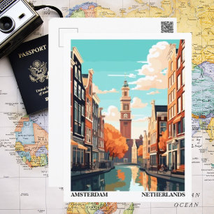Carte Postale Illustration Rétro Voyage Amsterdam