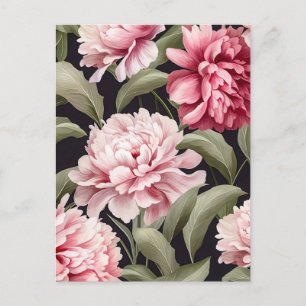 Carte Postale Illustration rose peony flowers with green leaves