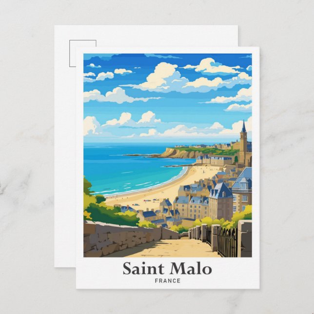 Carte Postale Illustration Saint Malo France Vintage voyage d'ar (Devant / Derrière)