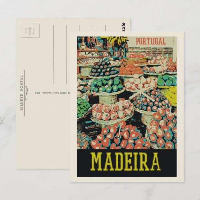 Carte Postale Illustration traditionnelle du marché de Madère Po (Devant / Derrière)