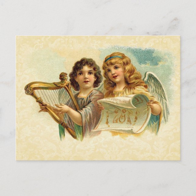 Carte Postale Illustration vintage Anges chantant et harpe (Devant)