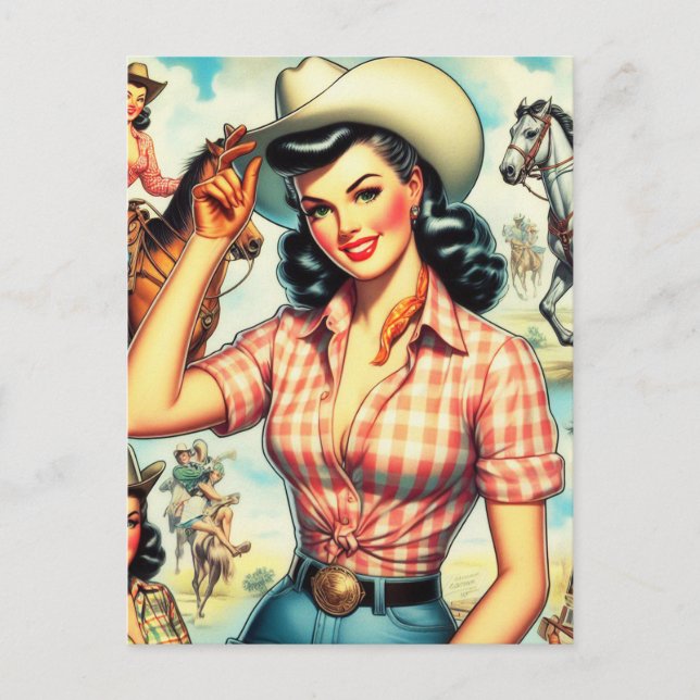 Carte Postale Illustration vintage de Cowgirl sans joint (Devant)