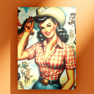 Carte Postale Illustration vintage de Cowgirl sans joint
