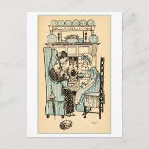 Carte Postale Illustration vintage de filles à une fête de thé