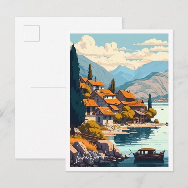 Carte Postale Illustration Vintage de voyage sur le lac Ohrid (Devant / Derrière)