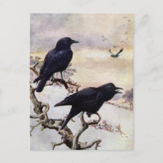 Carte Postale Illustration Vintage des corbeaux en hiver