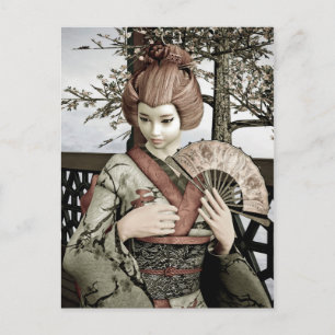 Carte Postale Illustration vintage d'un éventail de geisha en ki