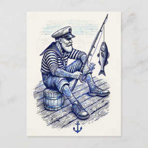 Carte Postale Illustration vintage d'un marin nostalgique pêchan