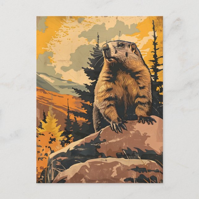 Carte Postale Illustration vintage d'une marmotte (Devant)
