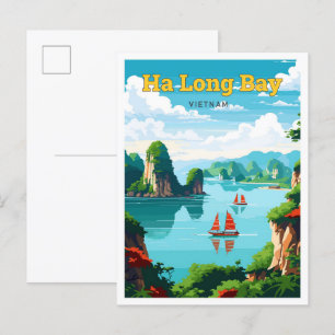 Carte Postale Illustration Vintage Ha Long Bay Vietnam Travel