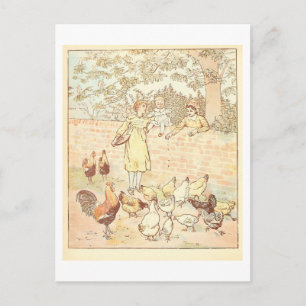 Carte Postale Illustration vintage "Nourrir les poulets"