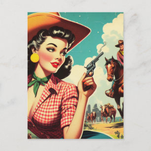 Carte Postale Illustration vintage Pulp Cowgirl