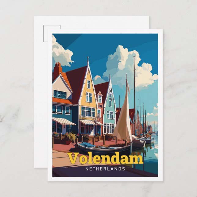 Carte Postale Illustration Vintage Volendam Pays-Bas Travel (Devant / Derrière)