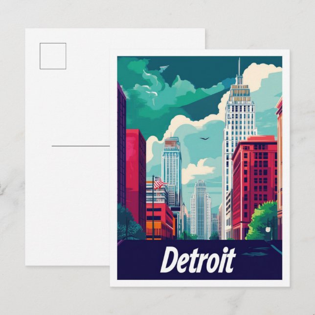 Carte Postale Illustration Vintage voyage de Detroit Michigan (Devant / Derrière)