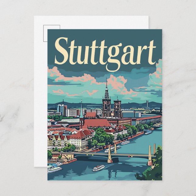 Carte Postale Illustration Vintage voyage de Stuttgart Allemagne (Devant / Derrière)