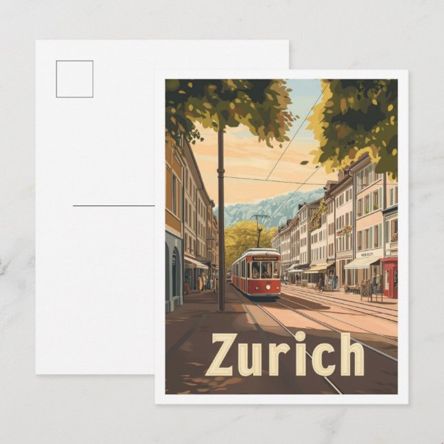 Carte Postale Illustration Vintage voyage de Zurich Suisse (Devant / Derrière)