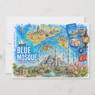 Carte postale illustrée de la Mosquée Bleue d'Ista