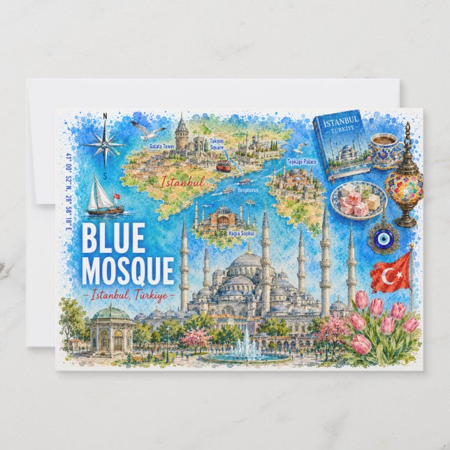 Carte postale illustrée de la Mosquée Bleue d'Ista (Devant)