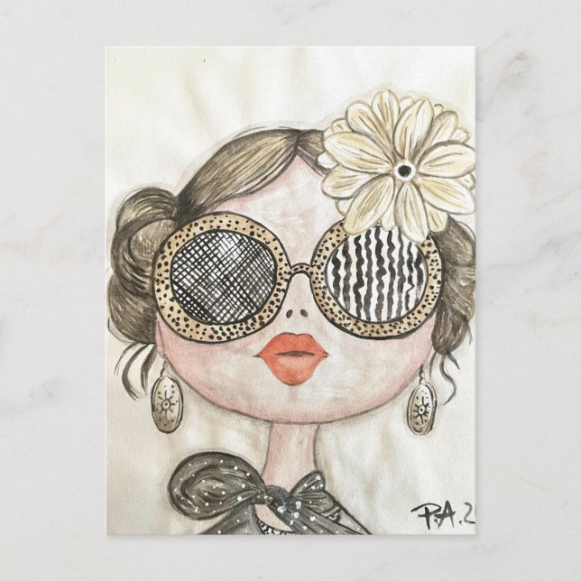 Carte Postale ilustracion de chica fashion con gafas en acuarela (Devant)