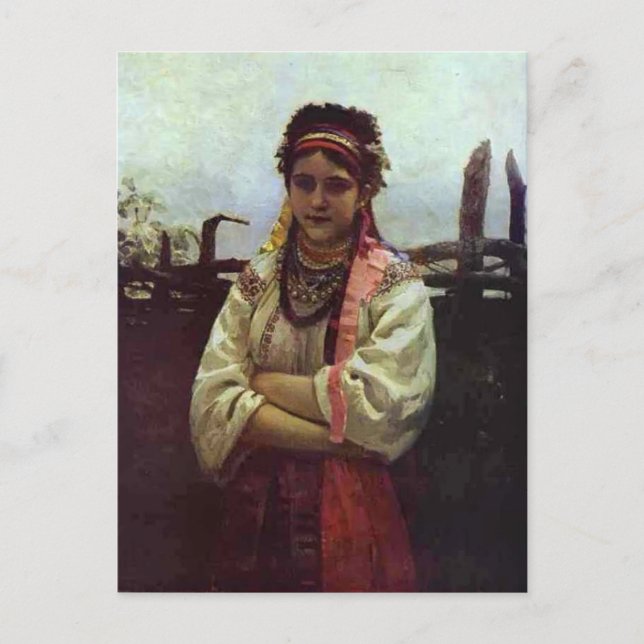 Carte Postale Ilya Repin - Une fille ukrainienne par une barrièr (Devant)