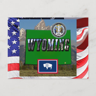 Carte Postale Image et texte du Wyoming, carte, drapeau et sceau