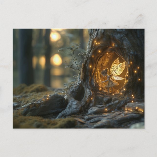 Carte Postale Image lunaire d'une fée dans le creux d'un arbre (Devant)
