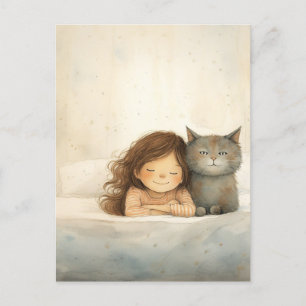 Carte Postale Image mignonne de petite fille et chat