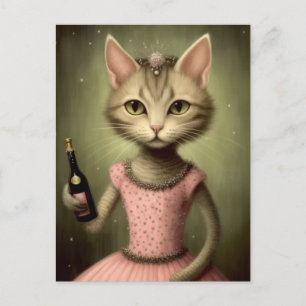 Carte Postale Imaginaire Ballerina Chat Champagne Rose