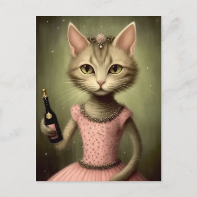 Carte Postale Imaginaire Ballerina Chat Champagne Rose (Devant)