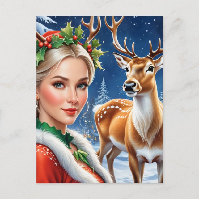Carte Postale Imaginaire blond femme et cerf Noël (Devant)