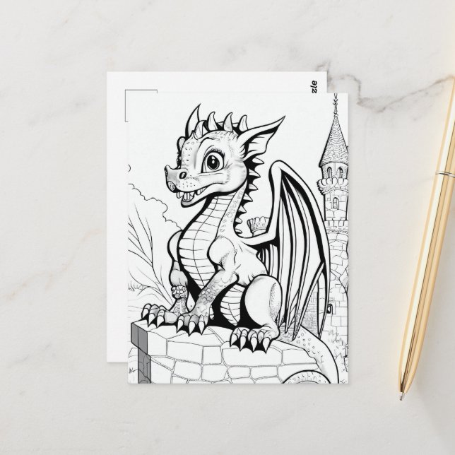 Carte Postale Imaginaire Dragon noir et blanc style de livre (Devant/Arrière en situation)