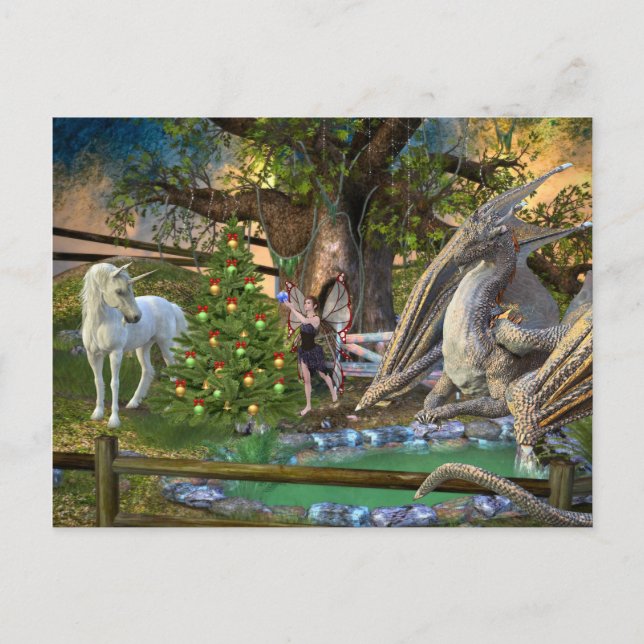 Carte Postale Imaginaire Fée de Noël Unicorn Dragon (Devant)