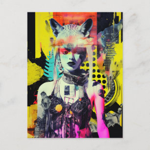 Carte Postale Imaginaire Femme et Animaux Collage coloré