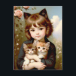 Carte Postale Imaginaire fille avec chatons - Peinture Vintage<br><div class="desc">C'est une peinture à l'huile vintage d'un enfant tenant deux chatons et leur donnant un câlin. C'est un beau moment d'amour ! De jolies fleurs roses d'un jardin encadrent la scène. La petite fille a des oreilles de chat,  lui donnant une touche d'imaginaire.</div>