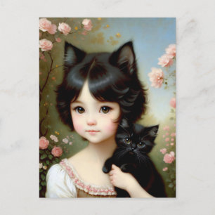 Carte Postale Imaginaire fille avec Kitten noir - Peinture Vinta