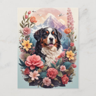 Carte Postale imaginaire floral 3D Bernese Mountain Dog Birds Vi