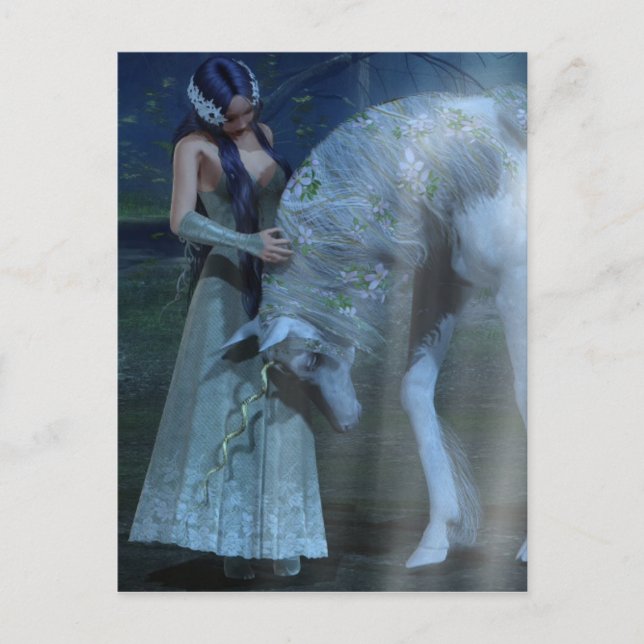 Carte Postale Imaginaire Girl and Unicorn au clair de lune (Devant)