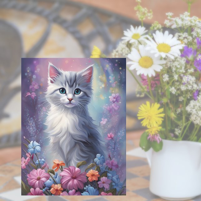 Carte Postale Imaginaire lunatique Kitten dans le chat de jardin (Magical Blooms, Pawsome Wishes! 🌸😺)