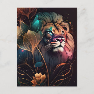 Carte Postale Imaginaire, magnifique lion avec fleurs art IA