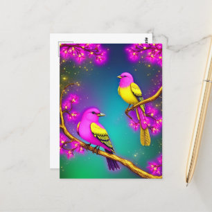 Carte Postale Imaginaire Oiseaux roses et jaunes sur une branche