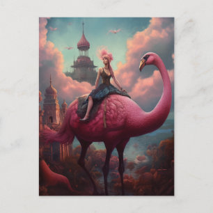 Carte Postale Imaginaire Ride sur un Flamant rose géant rose