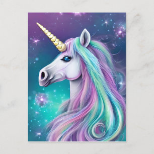 Carte Postale Imaginaire Unicorne avec cheveux bleu et rose