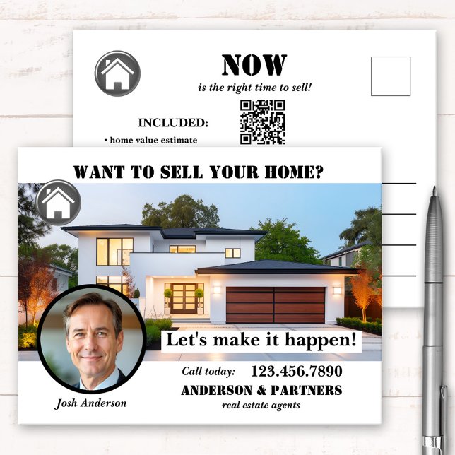 Carte Postale Immobilier professionnel Vendre une maison (Marketing postcard for real estate agents featuring a house  photo with logo and QR code templates)